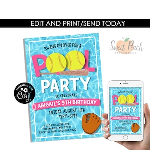 Puede incluir: Una invitación a una fiesta de piscina azul y rosa con un gráfico de bate de béisbol y pelota. El texto dice "Swing on over for a Pool Party to celebrate Abigail's 9th Birthday. Friday, August 14th 12PM-3PM. 3432 College Ave. Bismarck, ND 67231. RSVP to Paul 342-567-1220."