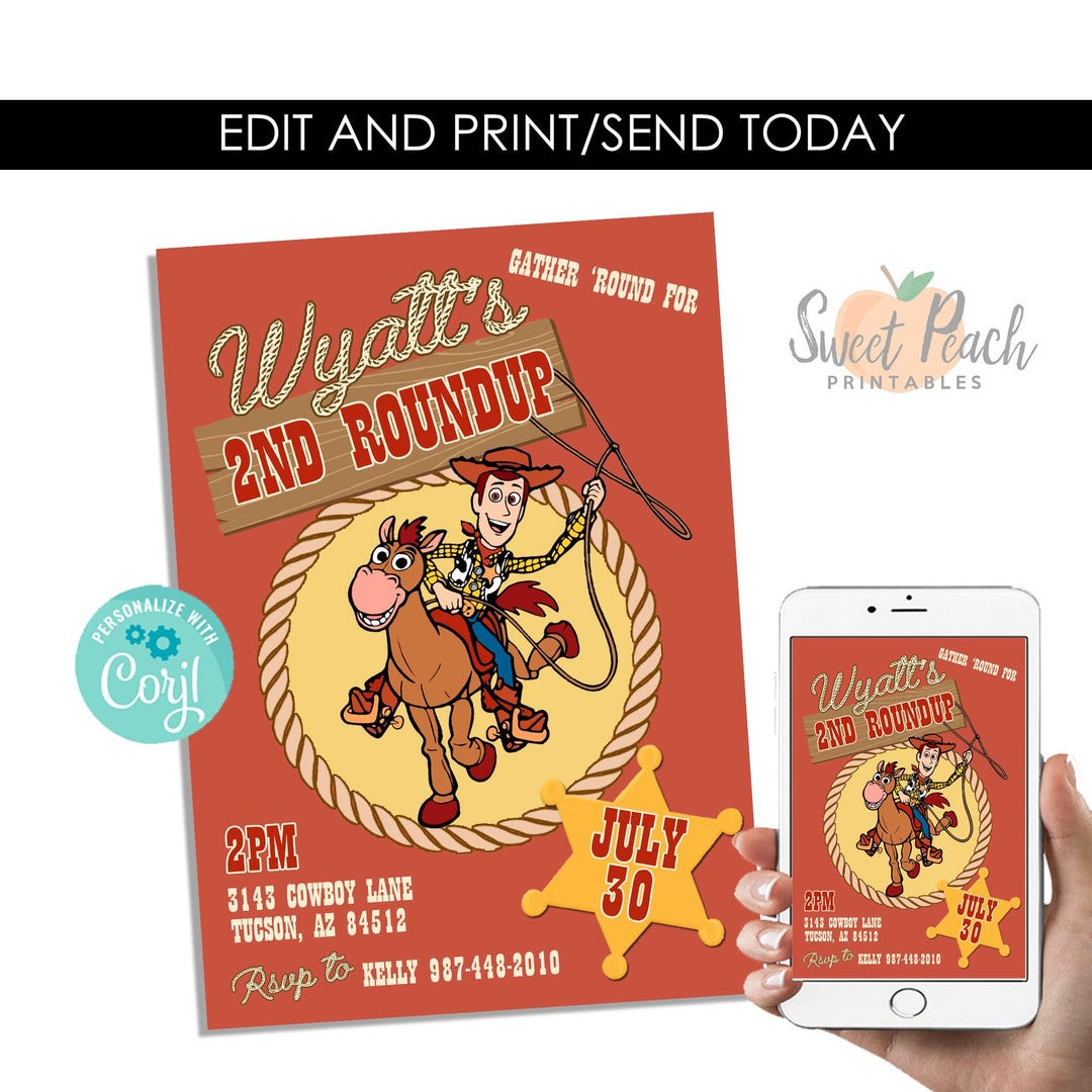 Woody First Rodeo Invite Editable Woody Birthday Invitation Toy Story Roundup Invite Cowboy ...