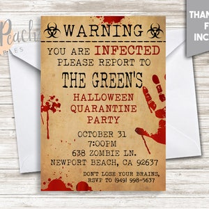 Halloween Party Invite Invitation 5x7 Zombie Infected Blood Scary Bloody Old Paper Warning Bio Hazard Sign Splatter Bloody Hand Print # 87.0