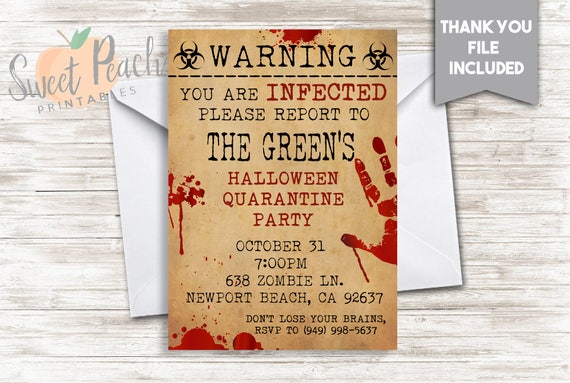 Halloween Party Invite Invitation 5x7 Zombie Infected Blood Scary Bloody Old Paper Warning Bio Hazard Sign Splatter Bloody Hand Print # 87.0