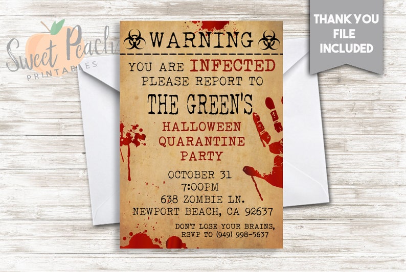 Halloween Party Invite Invitation 5x7 Zombie Infected Blood Scary Bloody Old Paper Warning Bio Hazard Sign Splatter Bloody Hand Print # 87.0 image 1