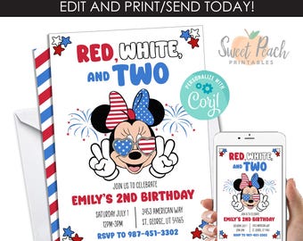 EDITABLE 4th of July Minnie Birthday Invitation Invite Template 5x7 Instant Download Mouse USA Patriotic Kids Party