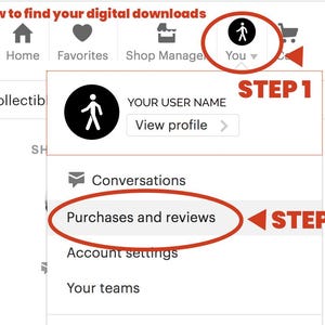 May include: A screenshot of a website showing how to find digital downloads. The steps are highlighted in red. Step 1: Click on the person icon in the top right corner. Step 2: Click on "Purchases and reviews".