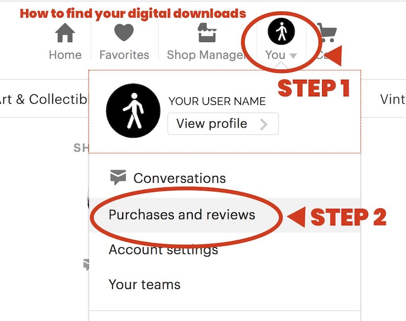 May include: A screenshot of a website showing how to find digital downloads. The steps are highlighted in red. Step 1: Click on the person icon in the top right corner. Step 2: Click on "Purchases and reviews".
