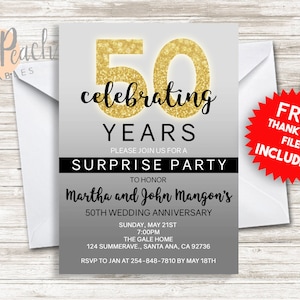 Gold 50th Anniversary Invite 5x7 Personalized Digital 50th Wedding Anniversary Surprise Party Celebration Invitation #6.0