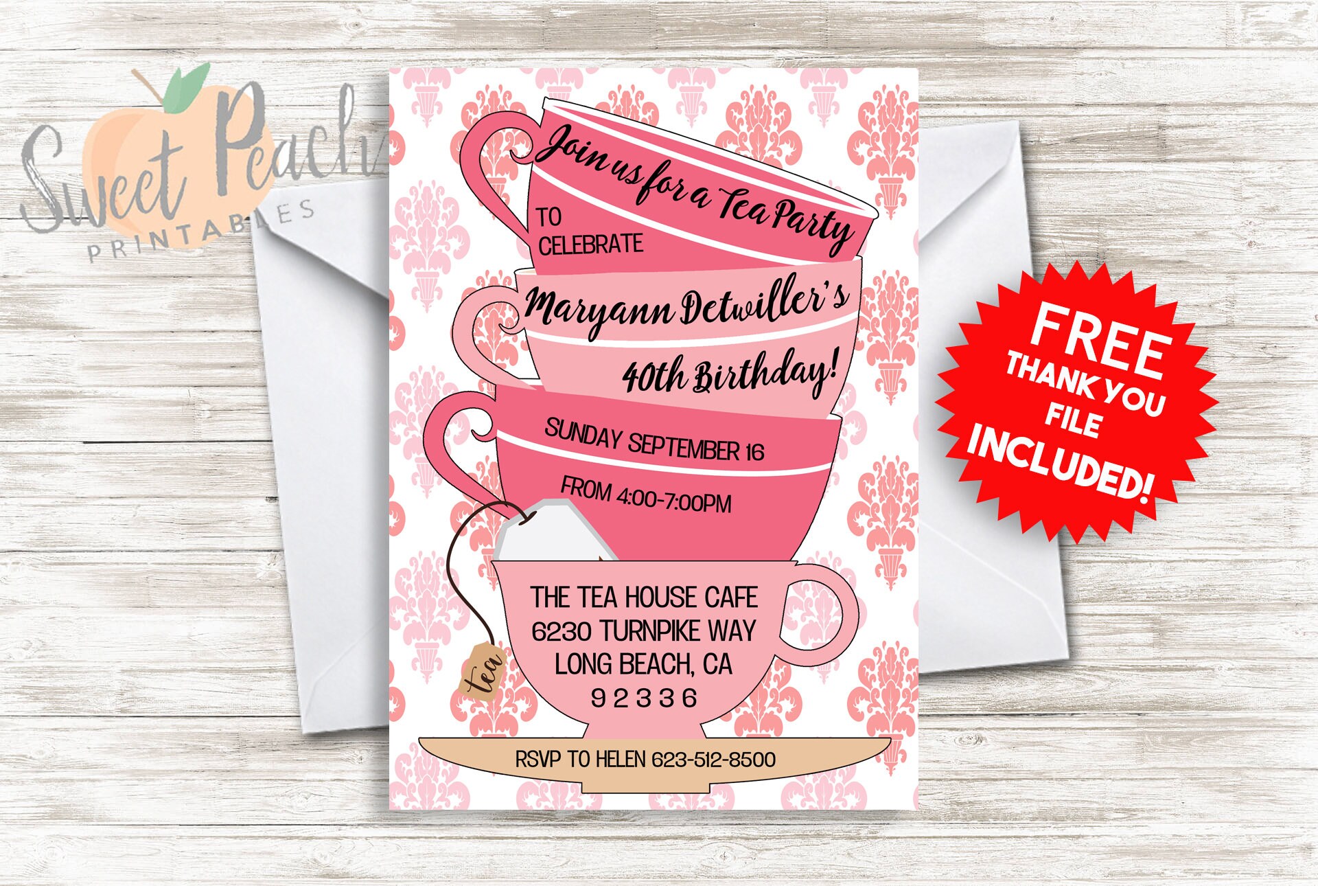 Tea Cup Birthday Invite 5x7 Personalized Digital Tea Party Etsy