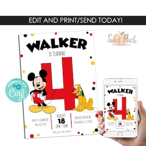 May include: A birthday party invitation featuring Mickey Mouse and Pluto. The invitation says "Walker is turning 4" in black text with a large red number 4. The invitation includes the date, time, and location of the party.