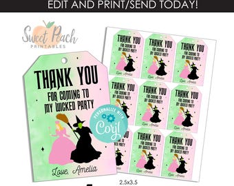 Wicked Inspired Favor Tags EDITABLE Birthday Digital Instant Download Party Kids Watercolor Pink Green Musical Thank You Tags