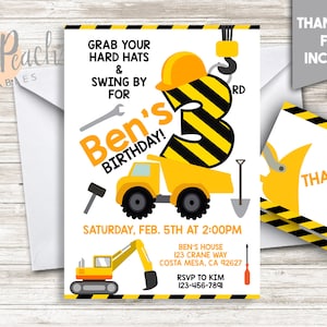 Construction Birthday Invite 5x7 Dump Truck Crane Hard Hat Any Age Swing By Boy's Invitation #429.0