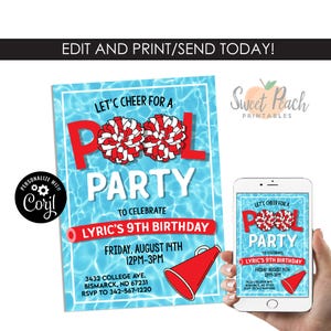 May include: A pool party invitation with a blue water background and red text that reads "Let's Cheer for a Pool Party". The invitation includes the text "Lyric's 9th Birthday" and event details. A smartphone displays the same design.