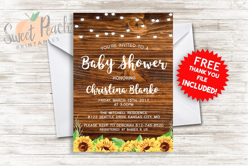 Sunflower Baby Shower Invite Invitation 5x7 Digital Etsy