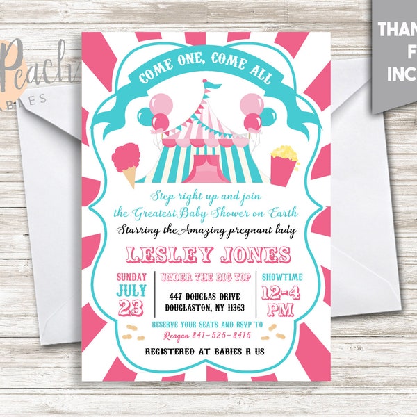 Circus Baby Shower Invite 5x7 Baby Sprinkle Invitation Carnival Popcorn Tent Banner Pink Come One Come All Bracket Greatest Show #262.0