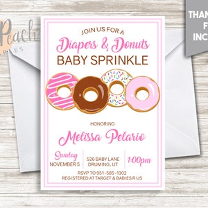 Diapers and Donuts Girl Baby Shower Invite Invitation 5x7 Digital Personalized Baby Sprinkle Chocolate Glazed Sprinkles Cute Pink, #61.0