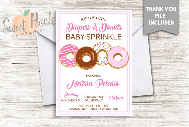 #61.0 Diapers and Donuts Girl Baby Shower Invite Invitation 5x7 Digital Personalized Baby Sprinkle Chocolate Glazed Sprinkles Cute Pink