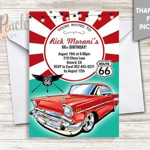 Route 66 inviter 5 x 7 de voiture classique numérique personnalisé anniversaire Invitation anniversaire hommes adultes homme Guy sur la colline, #147.0