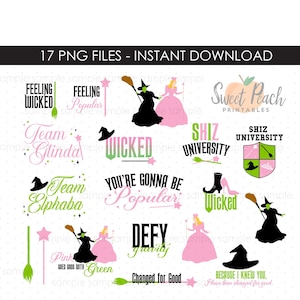 Wicked PNG muzikale clipartset bundel Wicked Movie, Team Elphaba, Team Glinda, Defy Gravity INSTANT DOWNLOAD digitale afbeeldingen geïnspireerd
