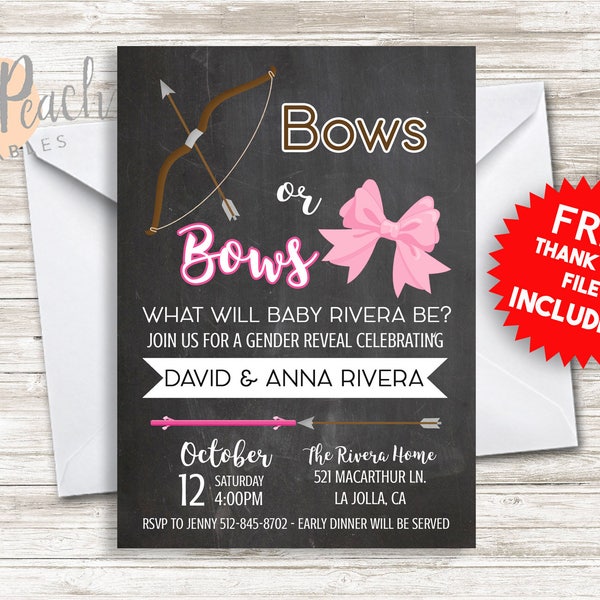 Bows or Bows Gender Reveal Party Invite 5x7 Digital Personalized Bow and Arrow, Pink Bows Gender Reveal Invitation 33.0