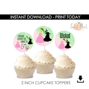 Wicked Cupcake Toppers Digital Birthday Glinda Elphaba Printable Instant Download Musical Movie Party Decor 2Inch Inspired Themed Pink Green