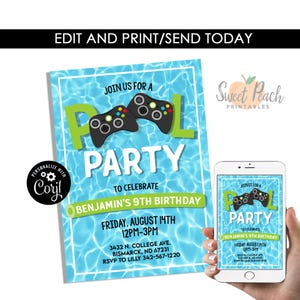 Może przedstawiać: Zaproszenie na przyjęcie przy basenie z niebieskim tłem wody i zielono-czarną grafiką kontrolera. Zaproszenie brzmi: "Dołącz do nas na Pool Party, aby uczcić 9. urodziny Benjamina". Zawiera datę, godzinę i lokalizację.