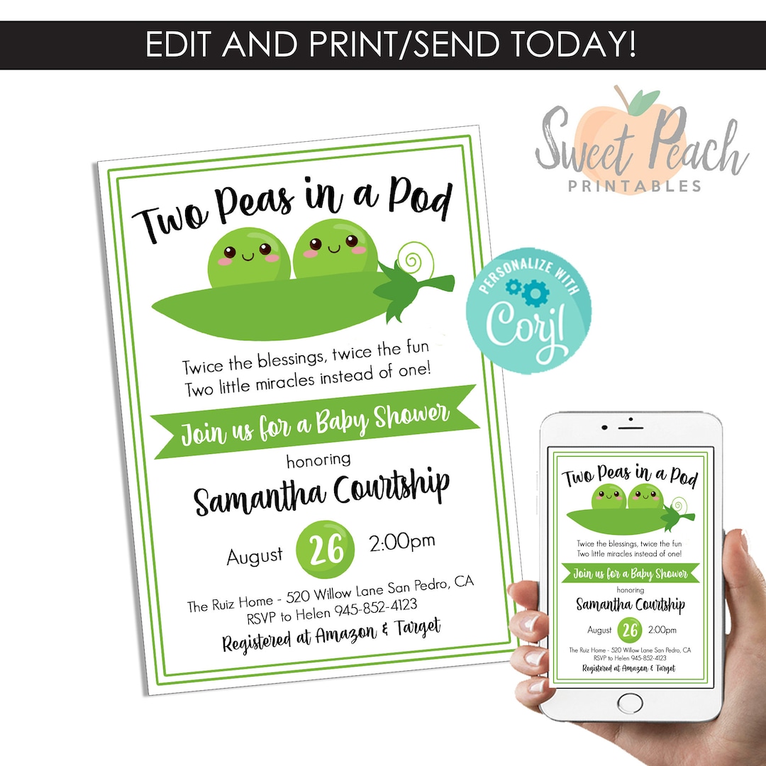Editable Two Peas in A Pod Twin Baby Shower 5x7 Invite Template Digital ...