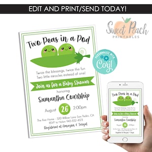 Editable Two Peas In A Pod Twin Baby Shower 5x7 Invite Template Digital Invitation for Twins #184.0
