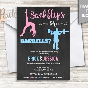 Backflips Or Barbells Gender Reveal Party Invite 5x7 Digital Personalized Boy Or Girl Gender Reveal Invitation Pink Or Blue 20.0