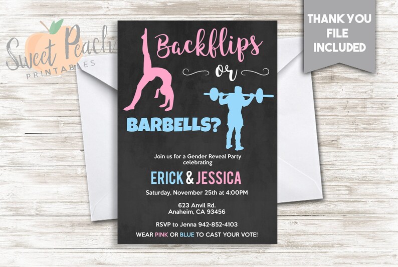 Backflips Or Barbells Gender Reveal Party Invite 5x7 Digital Personalized Boy Or Girl Gender Reveal Invitation Pink Or Blue 20.0
