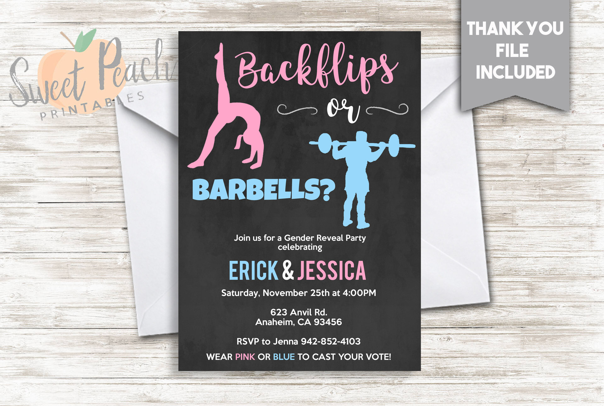 Backflips Or Barbells Gender Reveal Party Invite 5x7 Digital Personalized Boy Or Girl Gender Reveal Invitation Pink Or Blue 20.0