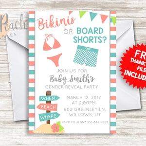 Beach Gender Reveal Invite Invitation 5x7 Digital Personalized Beach Gender Reveal Party Stripes Banner Sand Direction Sign #28.0