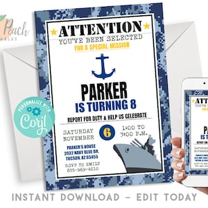 Editable Navy Birthday Invite Invitation 5x7 Digital  Military Battleship, Anchor, Destroyer Ship, Blue Navy Camo #122.0