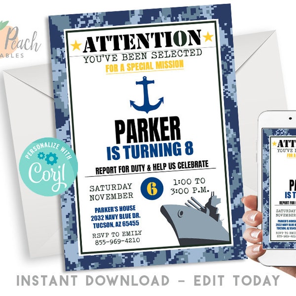 Editable Navy Birthday Invite Invitation 5x7 Digital  Military Battleship, Anchor, Destroyer Ship, Blue Navy Camo #122.0