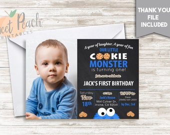 Cookie Monster 1st Birthday Invite Invitation 7x5 Digital Personalized Cookies Chalkboard Blue White A Year Of Laughter, Year of Love #50.1