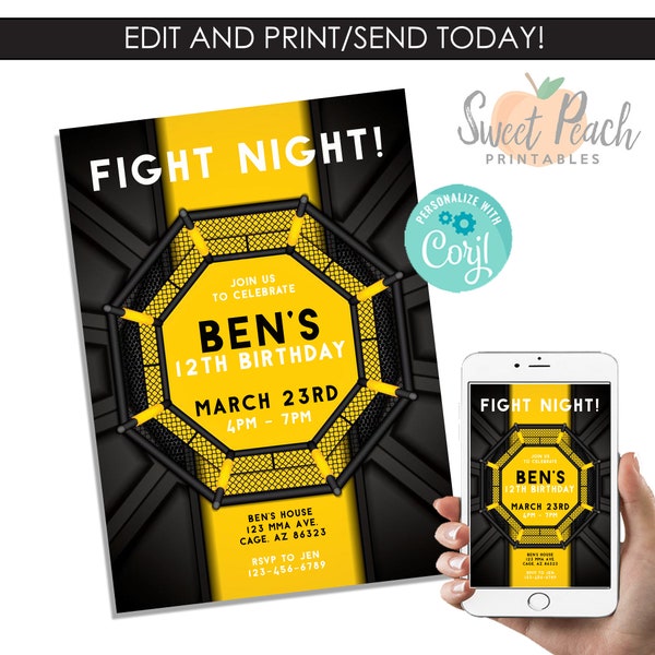 Editable MMA Octagon Birthday Party Invite Invitation 5x7 Digital Personalized #428.0 Mixed Martial Arts