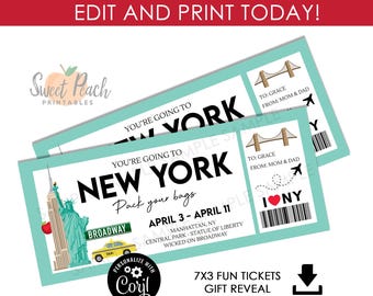 May include: Printable New York City themed tickets with a blue and green color scheme. The tickets say "You're going to New York" and "Pack your bags". The tickets also include a list of things to do in New York City, such as visiting Central Park and seeing the Statue of Liberty. The tickets are personalized with the name "Corjl".
