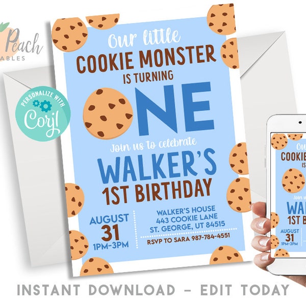 Editable Cookie Monster Invitation Invite Digital 5x7 Instant Download 1st First Blue Cookies Template