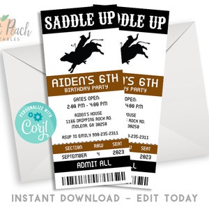Editable Birthday Cowboy Rodeo Ticket 3x7 Digital Invitation Bull Riding Cowboy Western #433.0