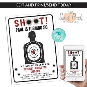 Editable Shooting Range Invitation Birthday Adult Invite Digital 5x7 Target Practice Instant Download Template Mens