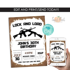 Può includere: Un invito marrone e bianco con la scritta "LOCK AND LOAD" e due fucili neri. L'invito è per il 30° compleanno di John, con data, ora, luogo e informazioni RSVP. Uno smartphone mostra lo stesso design.