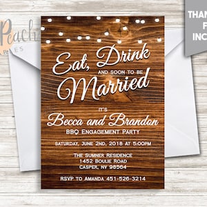 Engagement BBQ Party Invite 5x7 Digital Personalized Soon To Be Married Rustic BBQ String Lights Wood Planks Elegant Eat Drink #243.0