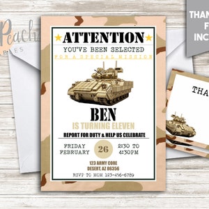 Army Birthday Invite 5x7 Digital Personalized Invitation Bradley Tank Military Camouflaged  #432.0