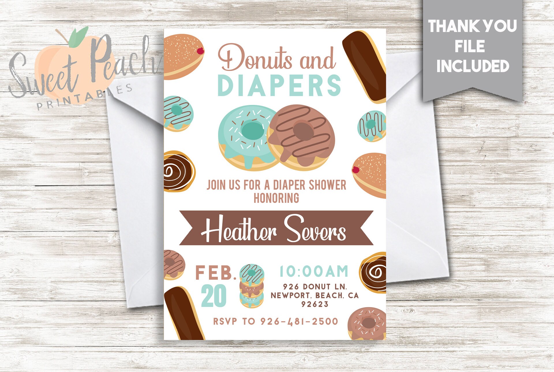 #61.0 Diapers and Donuts Girl Baby Shower Invite Invitation 5x7 Digital Personalized Baby Sprinkle Chocolate Glazed Sprinkles Cute Pink