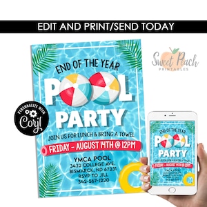 Puede incluir: Una invitación a una fiesta de piscina azul y blanca con un fondo de piscina y dos pelotas de playa. El texto dice "Fin de año Fiesta de la piscina" e incluye la fecha, la hora y la ubicación de la fiesta. La invitación está diseñada para ser personalizada con el nombre "Coryl".
