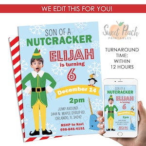 Buddy Elf Birthday Photo Invitation Digital 5x7 Christmas Party Invite Holiday Son of a Nutcracker Personalized Picture