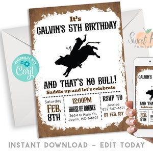 Editable Bull Ride Birthday Invite Invitation 5x7 Digital  Instant Download Electric Bull Riding Birthday Party Rodeo  #231