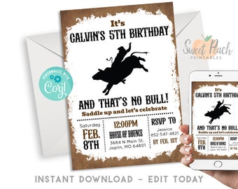 Editable Bull Ride Birthday Invite Invitation 5x7 Digital  Instant Download Electric Bull Riding Birthday Party Rodeo  #231