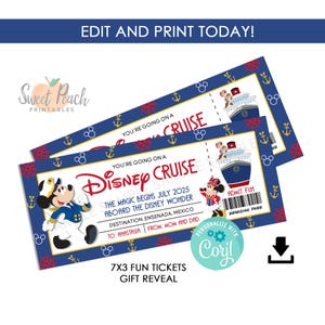 Puede incluir: Revelación de regalo de boleto de crucero de Disney imprimible con Mickey Mouse y Minnie Mouse. El boleto dice "Vas a un crucero de Disney. La magia comienza en julio de 2025 a bordo del Disney Wonder. Destino: Ensenada, México. Para: Anastasia. De: Mamá y Papá."