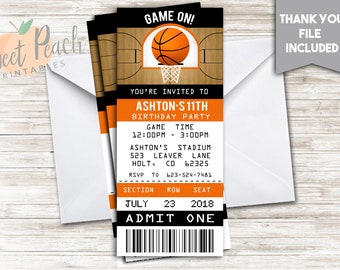 Basketball Ticket Birthday Invite Invitation 7x3 Digital Hoop Court Game On Orange Ball Any Age Basketball Party #279.0