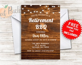 Retirement Invite Invitation BBQ Party 5x7 Digital Personalized Over The Hill Party Gender Neutral Wood Background String Lights  #27.0