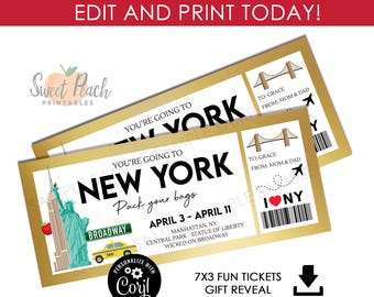 May include: Printable New York City themed gift reveal tickets with a gold background and a picture of the Statue of Liberty, the Empire State Building, a yellow taxi cab, and a Broadway sign. The text on the tickets reads "You're going to New York" and "Pack your bags April 3 - April 11".