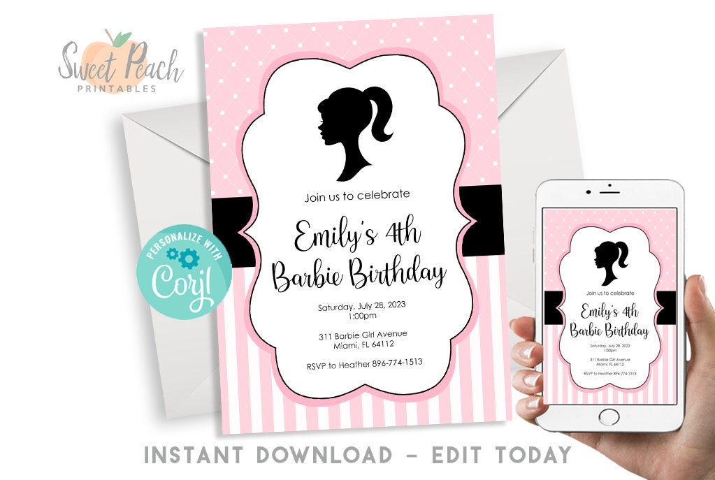 Editable Barbi Doll Birthday Invite Invitation 5x7 Pink Girls Kids Digital  Instant Download Template